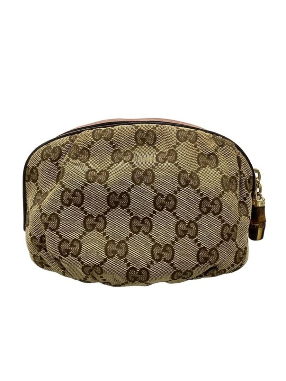 Gucci Pouch GG Pattern Bamboo Beige Pink Dark Brown Leather - Picture 2 of 7